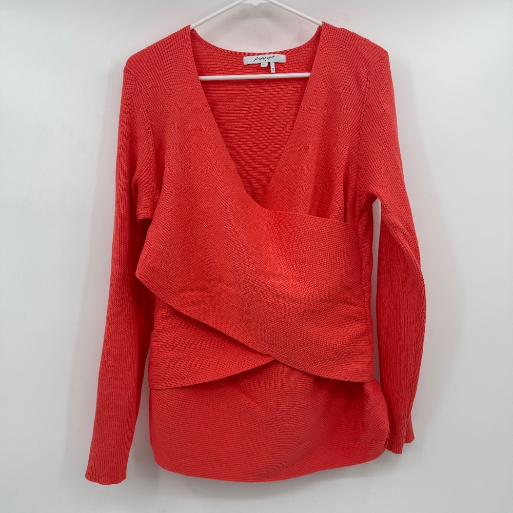 Foxcroft Top Women Large Coral Orange Wrap Front Long Sleeve V Neck Ribbed Knit